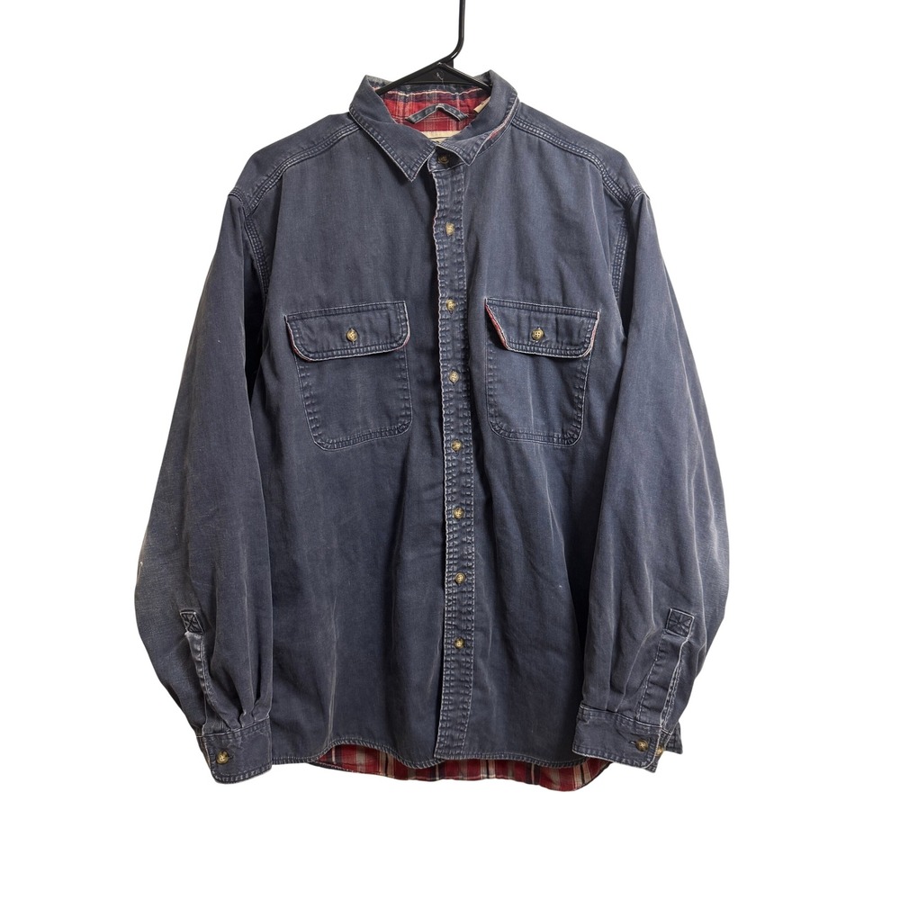 Vintage LL Bean Men's Large Flannel Lined Twill Shirt Navy Blue Plaid